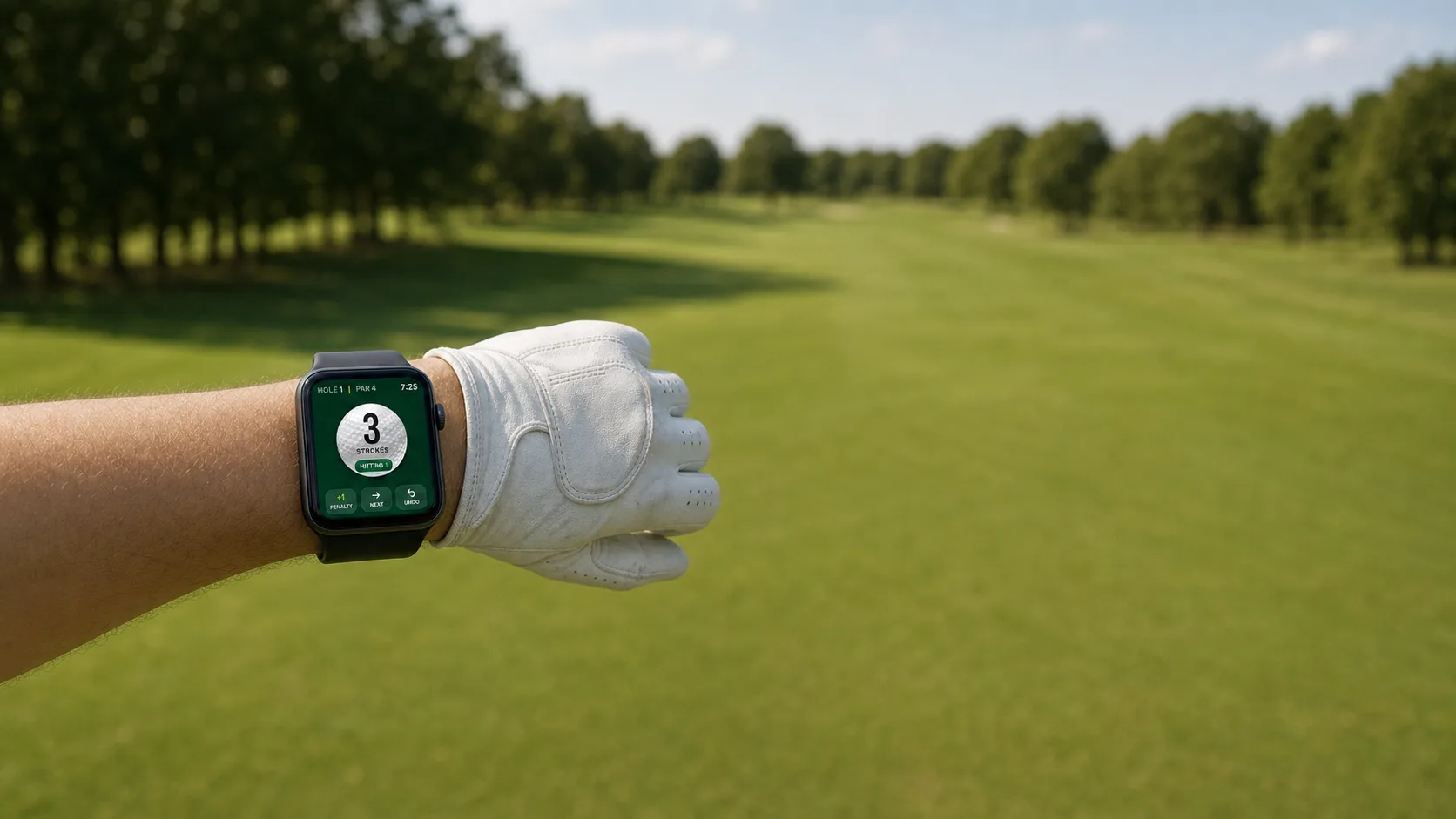 A golfer wearing Apple Watch with the SimplyStroke stroke counter open on the course